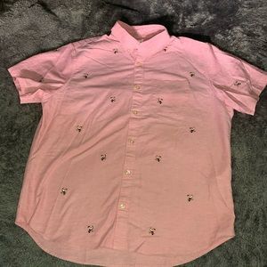Embroidered pink toucan button down shirt